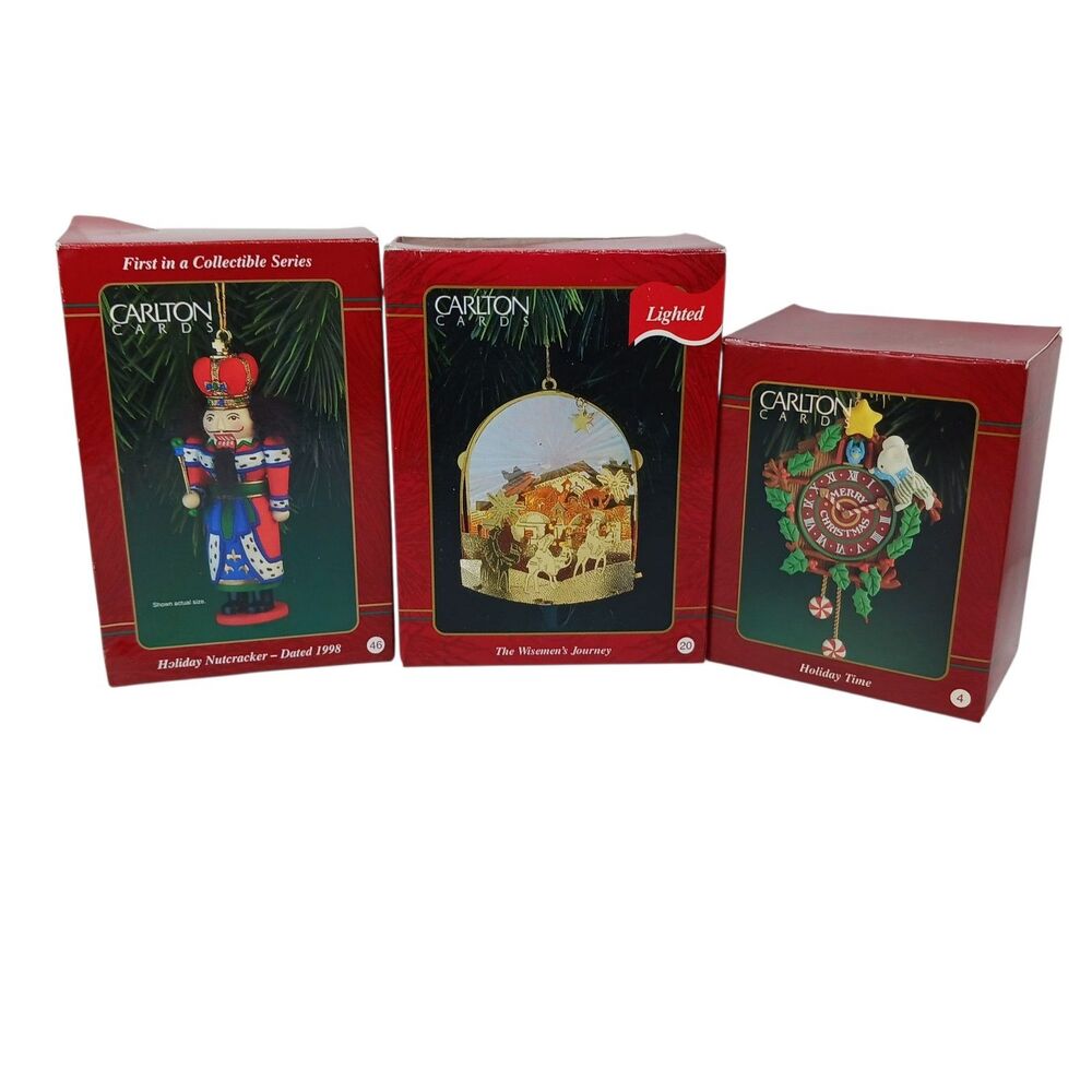 Vtg Carlton Christmas Ornament Lot Of 3 Cuckoo Clock Nutcracker Wisemen Journey